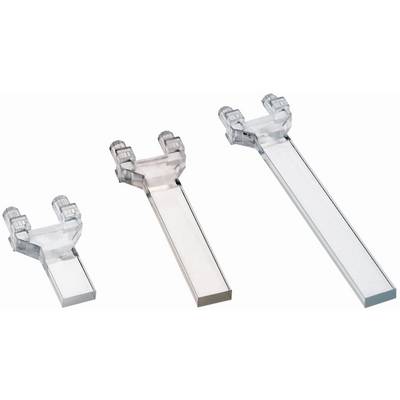 Three transparent plastic modular connectors or holders shown in three sizes on a white background.