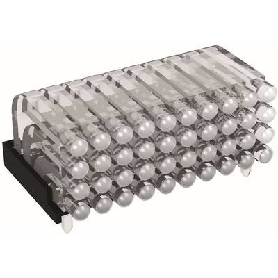 3D rendering of a translucent electronic component with rows of metallic spherical pins protruding from a black base<br>