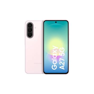 Pink Samsung Galaxy A27 5G smartphone shown front and back, with triple rear cameras and a centered hole-punch display reading 'Galaxy A27 5G'.
