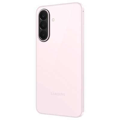 Back of a light pink Samsung smartphone with a vertical triple-camera module and flash in the top left.