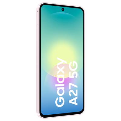Samsung Galaxy A27 5G smartphone shown front-facing with a teal-to-blue screen and 'Galaxy A27 5G' text on display.<br>
