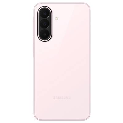 Back of a light pink Samsung smartphone with triple vertical rear cameras and flash in the upper left corner.