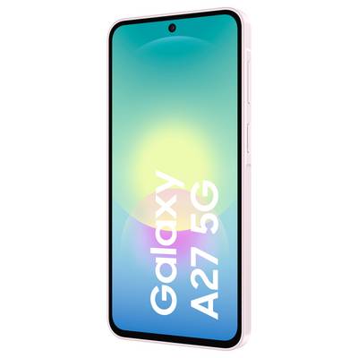 Pink Samsung Galaxy A27 5G smartphone shown upright with a turquoise gradient screen and large 'Galaxy A27 5G' text.