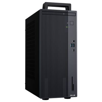Black ASUS desktop tower PC case shown front-left, with handle, vertical grille, power button, USB ports, and ventilation slots.<br>