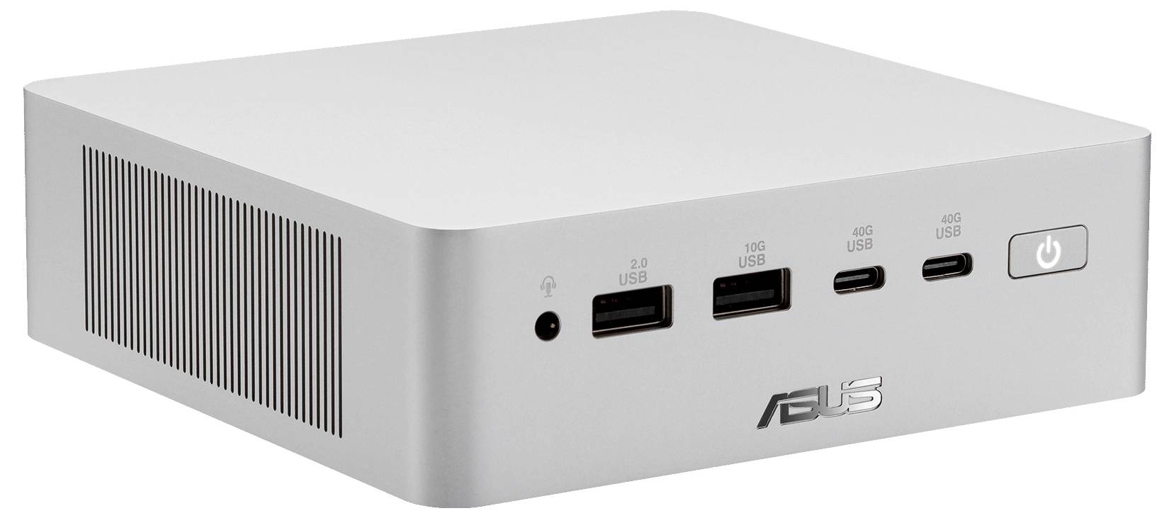Silver ASUS mini PC front view with power button, audio jack, and four USB ports, shown on a white background