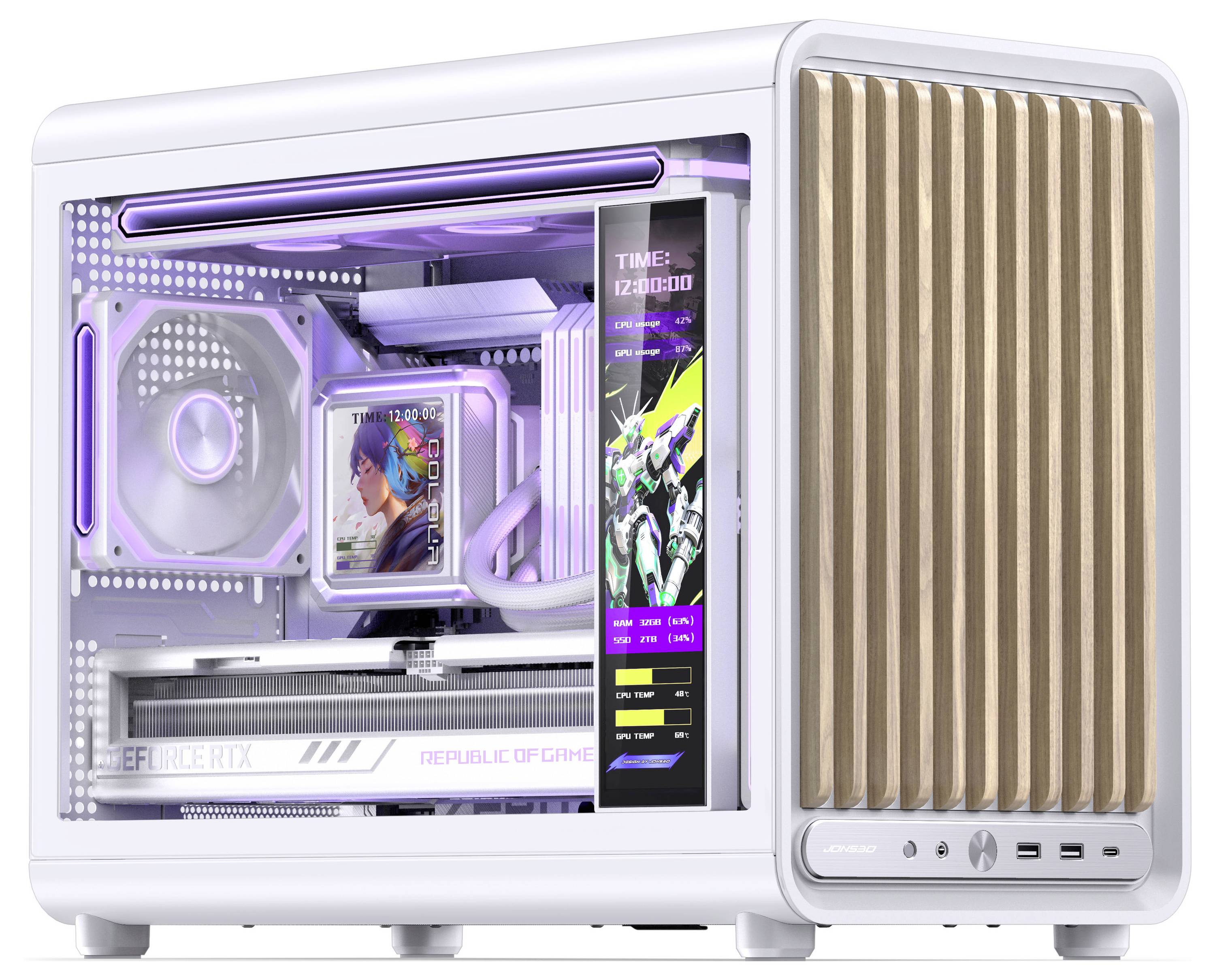 A white desktop PC tower with a clear side panel, purple LED lighting, visible liquid cooling, and a gold slatted front panel.