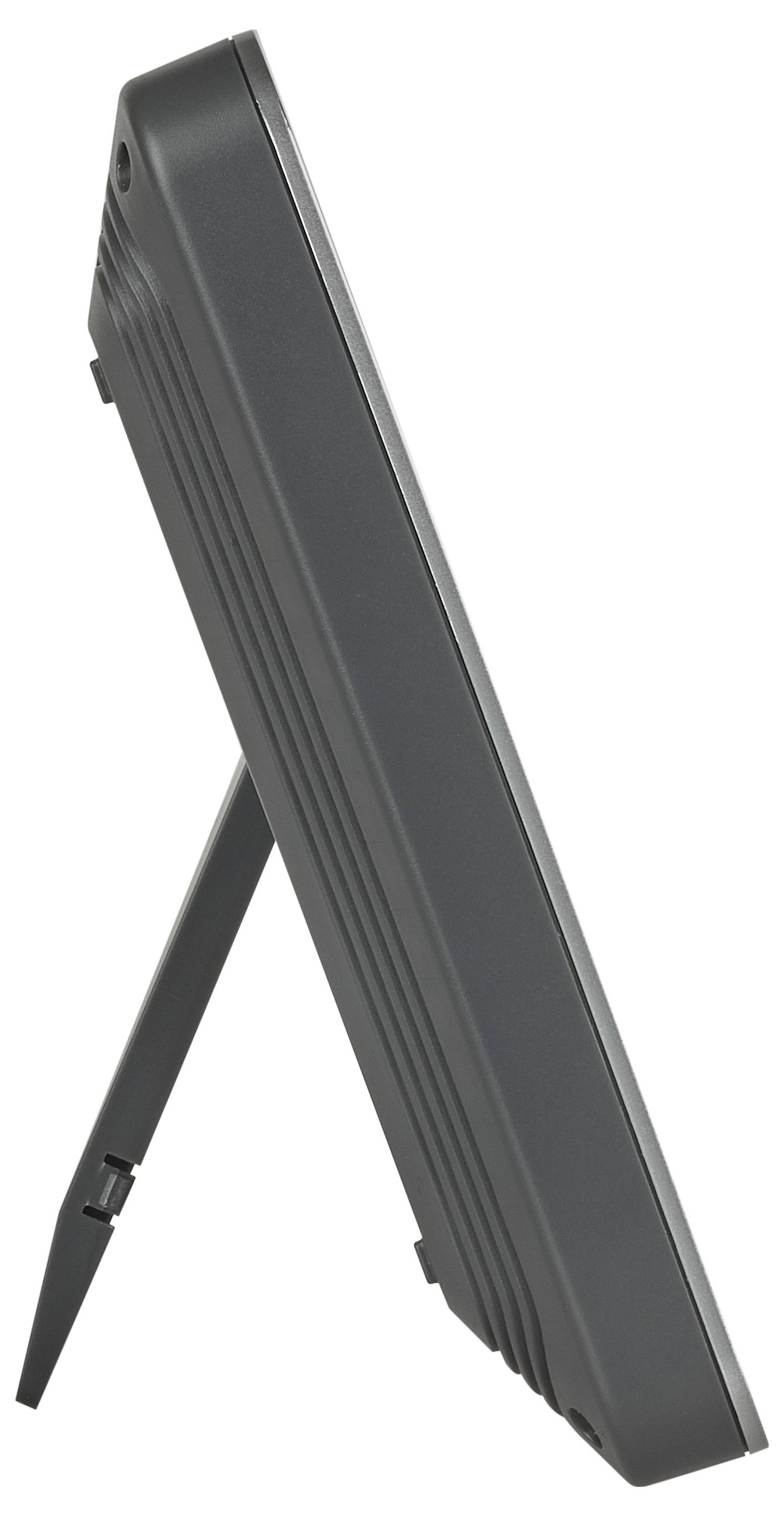 Side view of a black foldable portable stand or case with an adjustable support leg, shown closed against a white background.