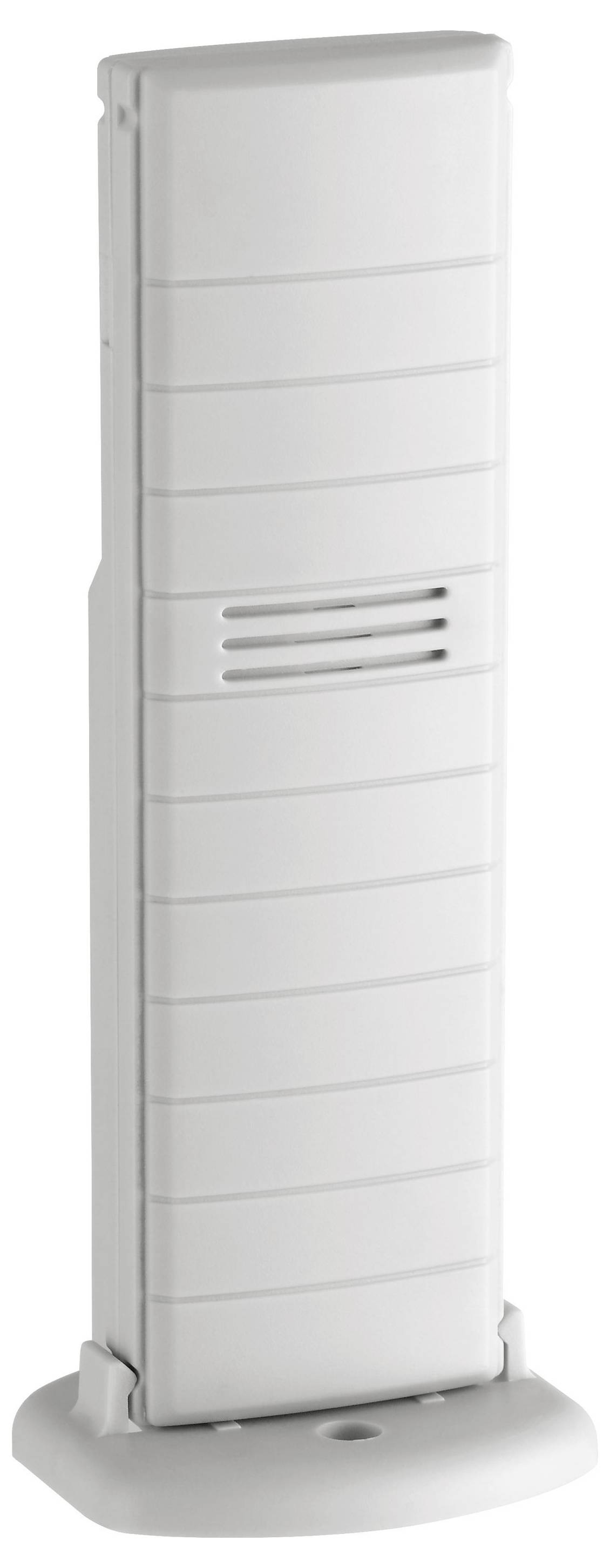 White rectangular floor-standing security sensor on a gray base, with horizontal vent-like slots and a central mounting hole.