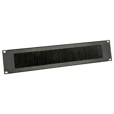 Black rectangular brush cable pass-through panel with long bristles and mounting holes at each corner.