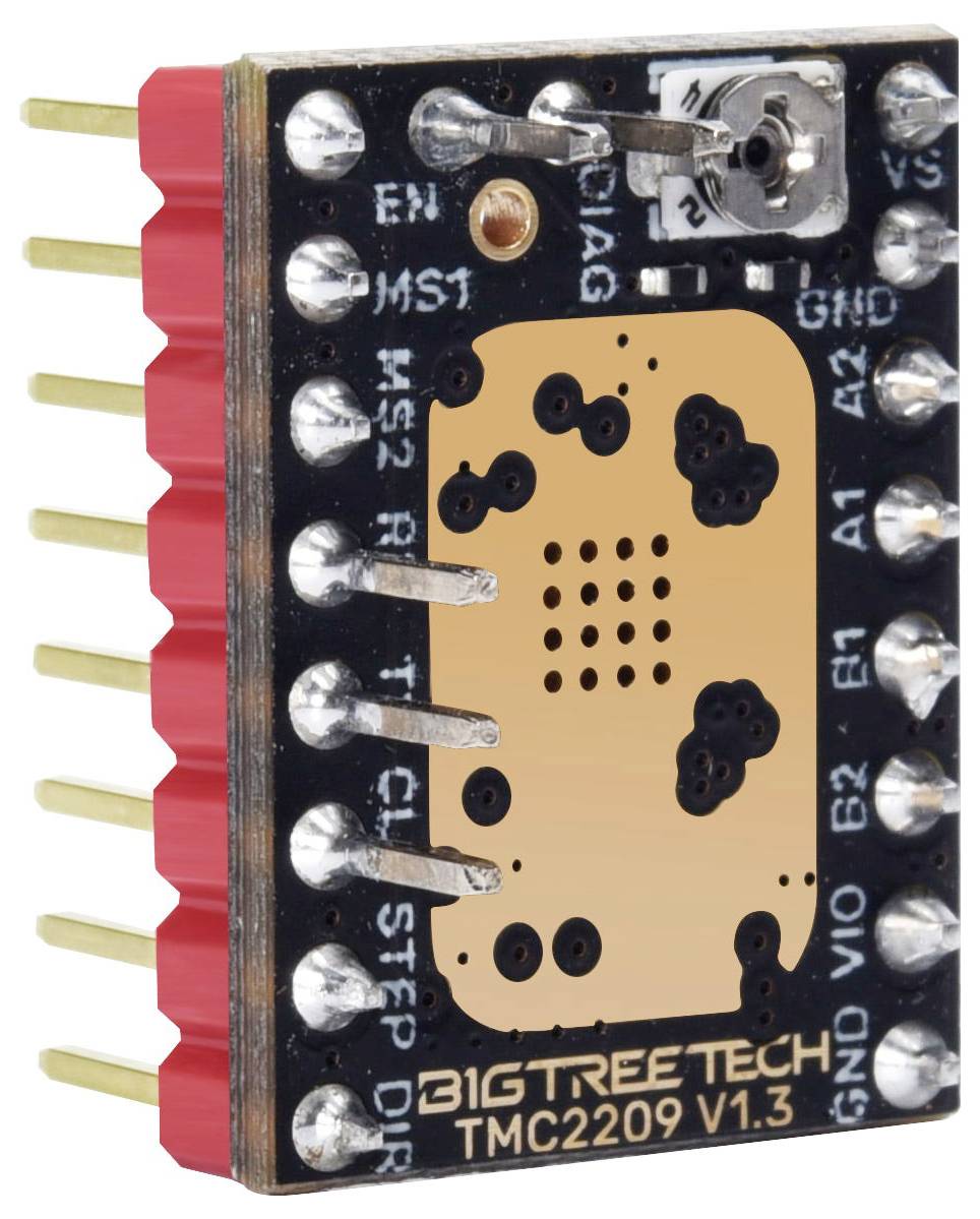 Close-up of a BigTreeTech TMC2209 V1.3 stepper motor driver board with gold pins, labeled terminals, and a red connector edge.