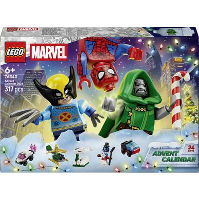 LEGO Marvel Advent Calendar 2026 box art showing Wolverine, Doctor Doom, and Spider-Man amid snowy festive scenes and 24 gift countdown.<br>