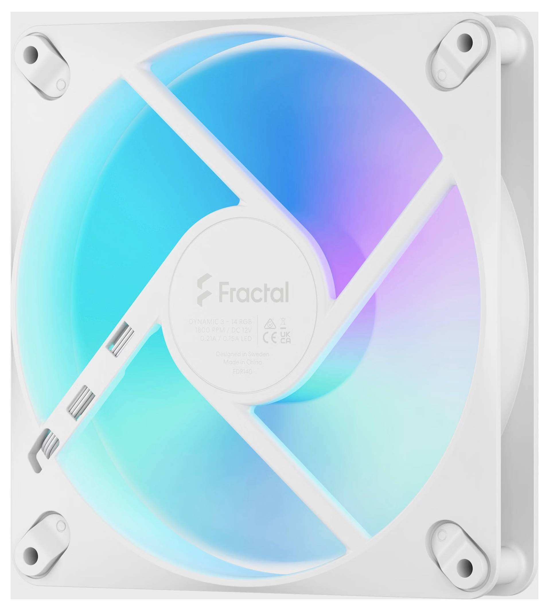 Square white RGB computer case fan with translucent blue-purple illuminated blades and 'Fractal' logo in the center.