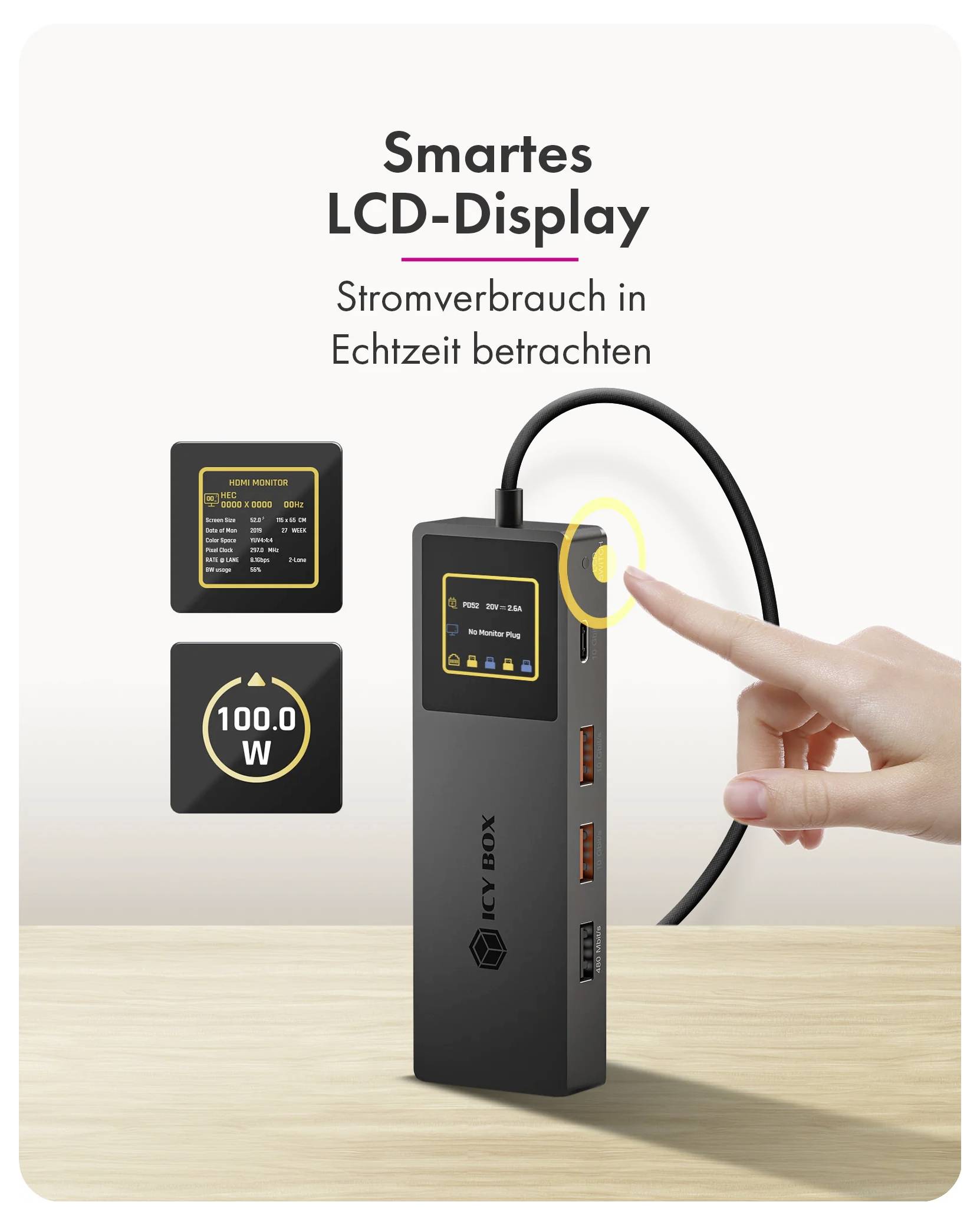 Product graphic of a 7-in-1 USB-C hub, labeled with Power Delivery up to 100 W, HDMI 4K@60Hz, RJ45 Ethernet, USB-C display, two USB-A 3.2, and USB 2.0 ports.