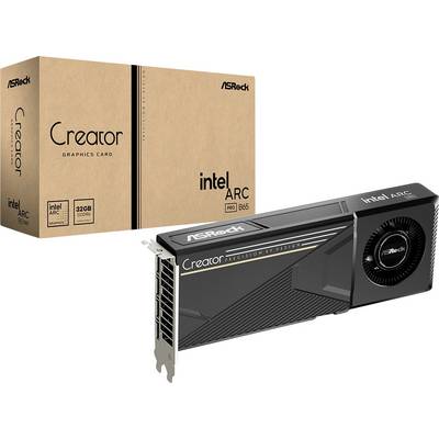 ASRock Creator Intel Arc Pro B60 graphics card shown with its retail box, labeled 32GB GDDR6 and Intel Arc Pro B60.