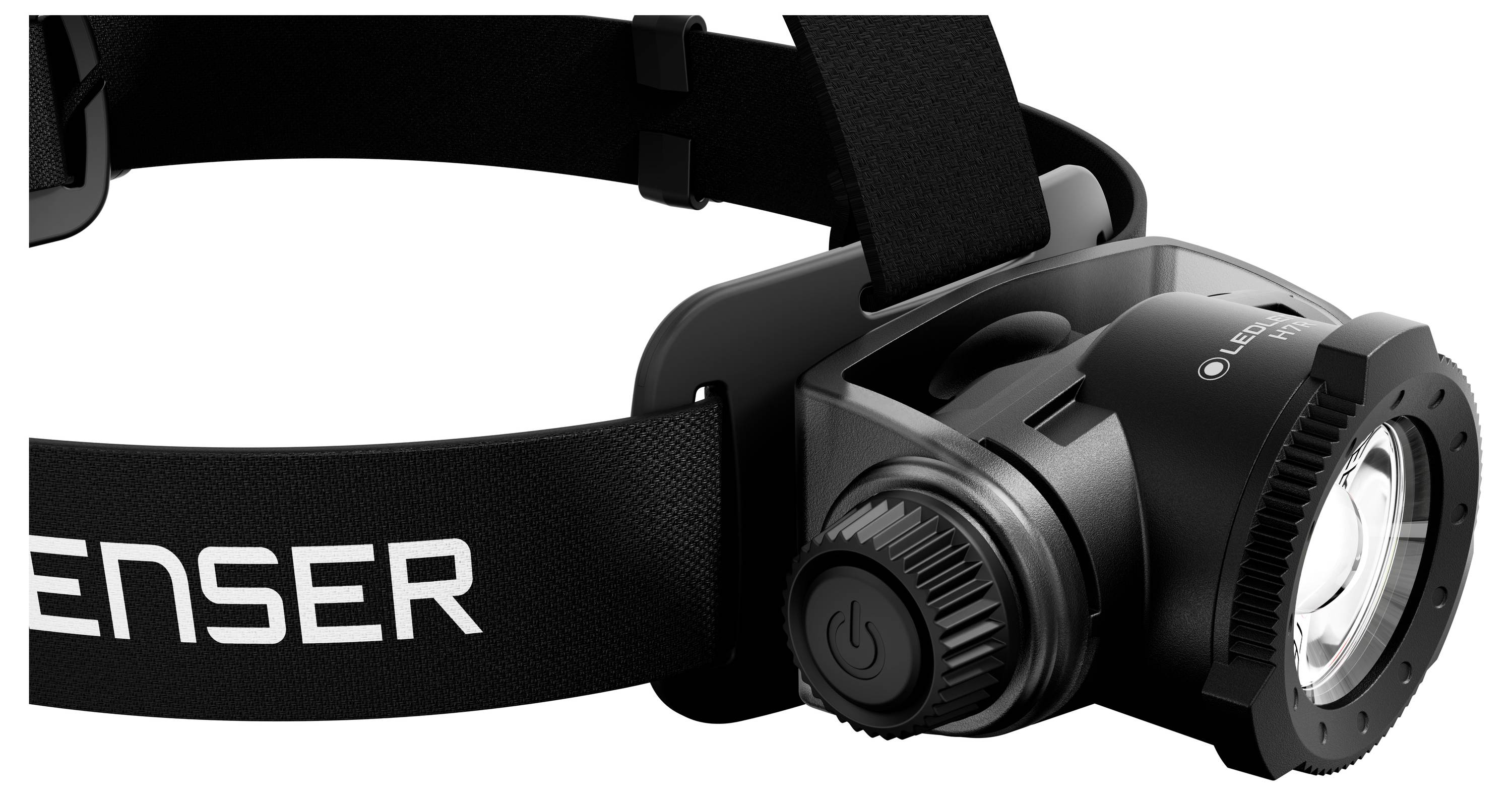 Black Ledlenser headlamp with adjustable elastic strap and centered front light housing<br>