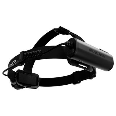 Black head-mounted LEDLenser flashlight with adjustable straps and cable, shown on a white background.