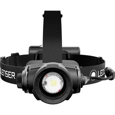 Close-up of a black LED headlamp with an adjustable headband, centered on the front light and LEDLENSER branding.<br>
