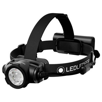 Black LEDLenser headlamp with adjustable straps and a large front light, shown on a white background.