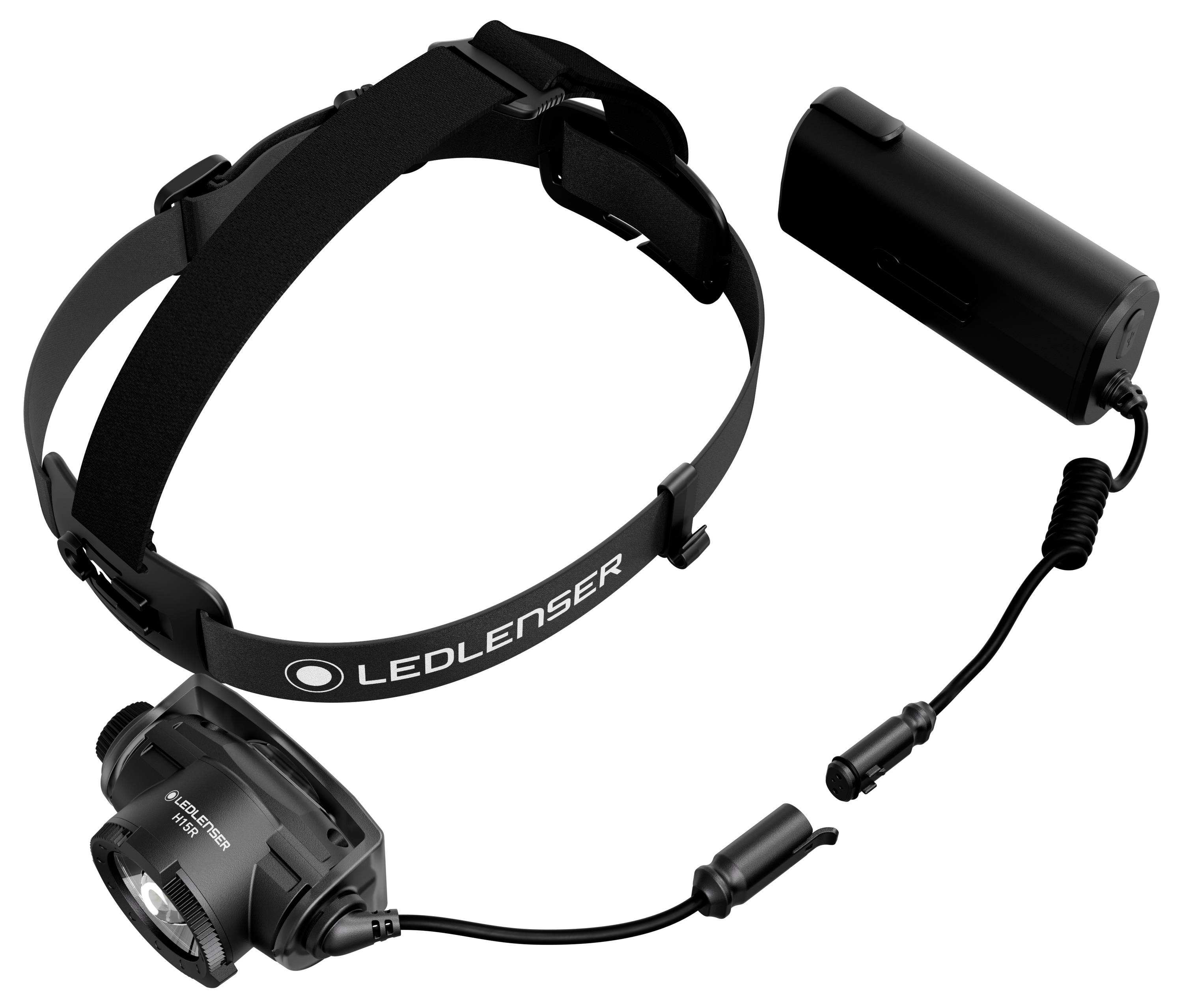 Black LED Lenser headlamp with adjustable head strap, front lamp unit, and separate battery pack connected by cable.