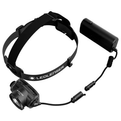 Black LED Lenser headlamp with adjustable head strap, front lamp unit, and separate battery pack connected by cable.