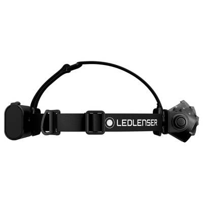 Black Ledlenser headlamp with adjustable strap and side-mounted lamp unit on a white background.