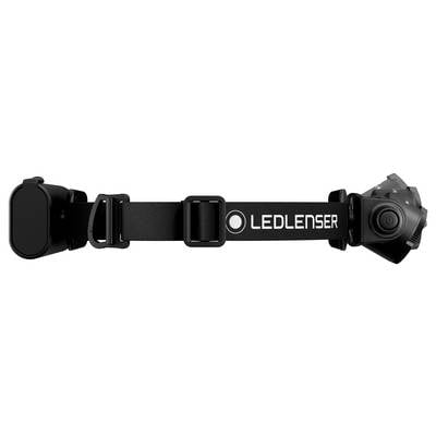 LEDLENSER headlamp with adjustable strap and front light unit, shown in side view on a white background.