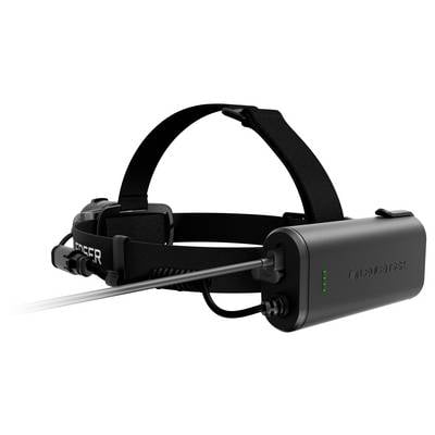 Black wearable device with a head strap and adjustable rod, shown in close-up on a white background, with green indicator lights on the side.