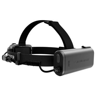 Black head strap with attached battery pack and cable, showing a wearable device mounted on an adjustable band<br>