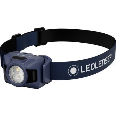 Blue LEDLENSER headlamp with adjustable black strap and front light lens, shown on a white background.