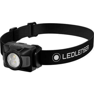 Black LEDLENSER headlamp with adjustable elastic headband and front light module on a white background.