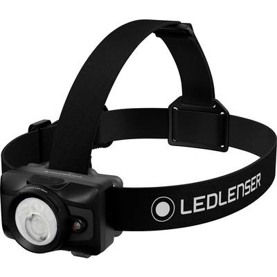 Black LEDLenser headlamp with adjustable head strap and front light unit, shown on a white background.
