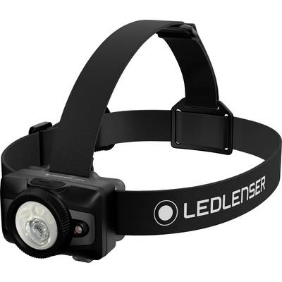 Black LEDLENSER headlamp with adjustable strap and front light, shown on a white background.<br>