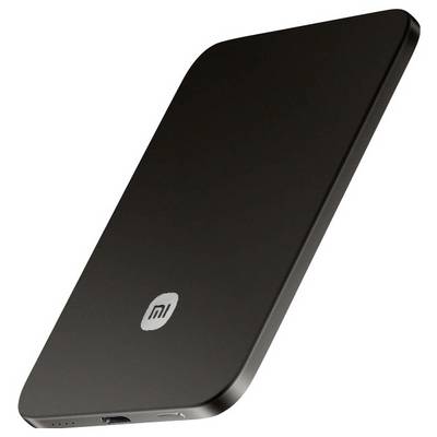 Black Xiaomi power bank shown at an angle on a white background, with charging ports visible along the bottom edge.