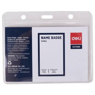 Packaged deli name badge set with blank badge insert, red 'deli' logo, and product details on the back card.