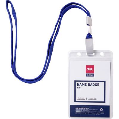 Blue lanyard with clear plastic ID badge holder labeled 'NAME BADGE' and 'deli', isolated on white background
