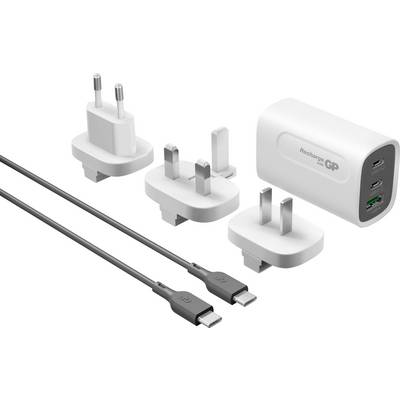 USB-C charger set with interchangeable UK, EU, and US plugs and two USB-C cables, shown as a rechargeable power adapter kit.