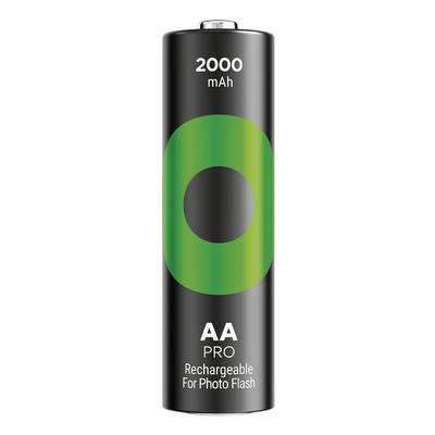 Black AA rechargeable battery labeled '2000 mAh', 'AA PRO', and 'Rechargeable For Photo Flash' on a white background.