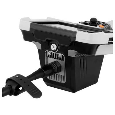 Portable black-and-gray marine control box with a joystick and attached cable, shown in close-up on a white background.