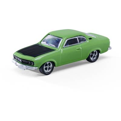 Green classic two-door toy car with black hood and silver trim, shown on a white background.