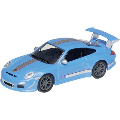 Blue toy sports car with a large rear spoiler, shown in side view on a white background.