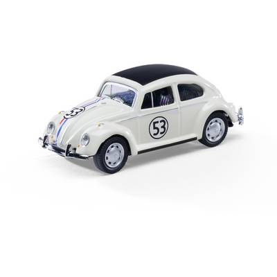 White vintage Volkswagen Beetle model car with black roof and number 53 racing decals on a white background.
