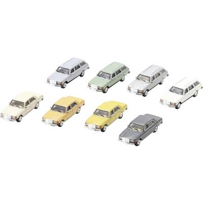 Seven small illustrated cars in different colors and angles, arranged in rows on a white background.