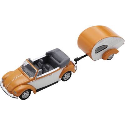 Orange and white toy convertible car towing a small matching trailer on a white background.<br>