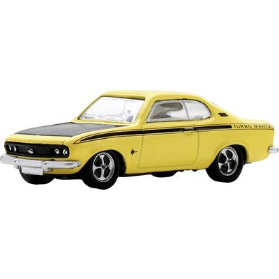 Yellow vintage muscle car with black hood and 'TURBO MANTA' text on the side, shown in profile on a white background.