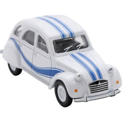 White vintage toy car with blue racing stripes, shown on a plain background.