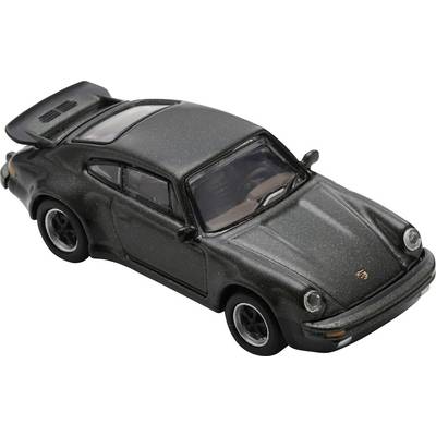 Black toy Porsche 911 model car shown in side-front view on a plain white background.<br>