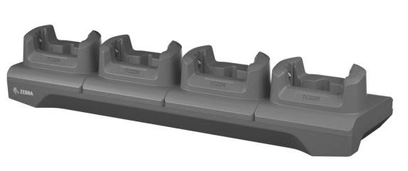 Four-slot charging dock for Zebra handheld devices, shown in gray on a white background.