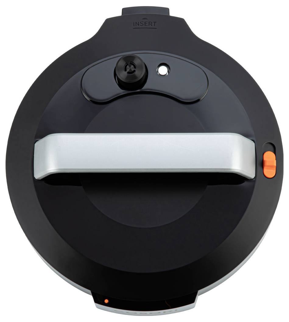 Top view of a round black appliance lid with a silver handle, central knob, and orange side switch on a white background.