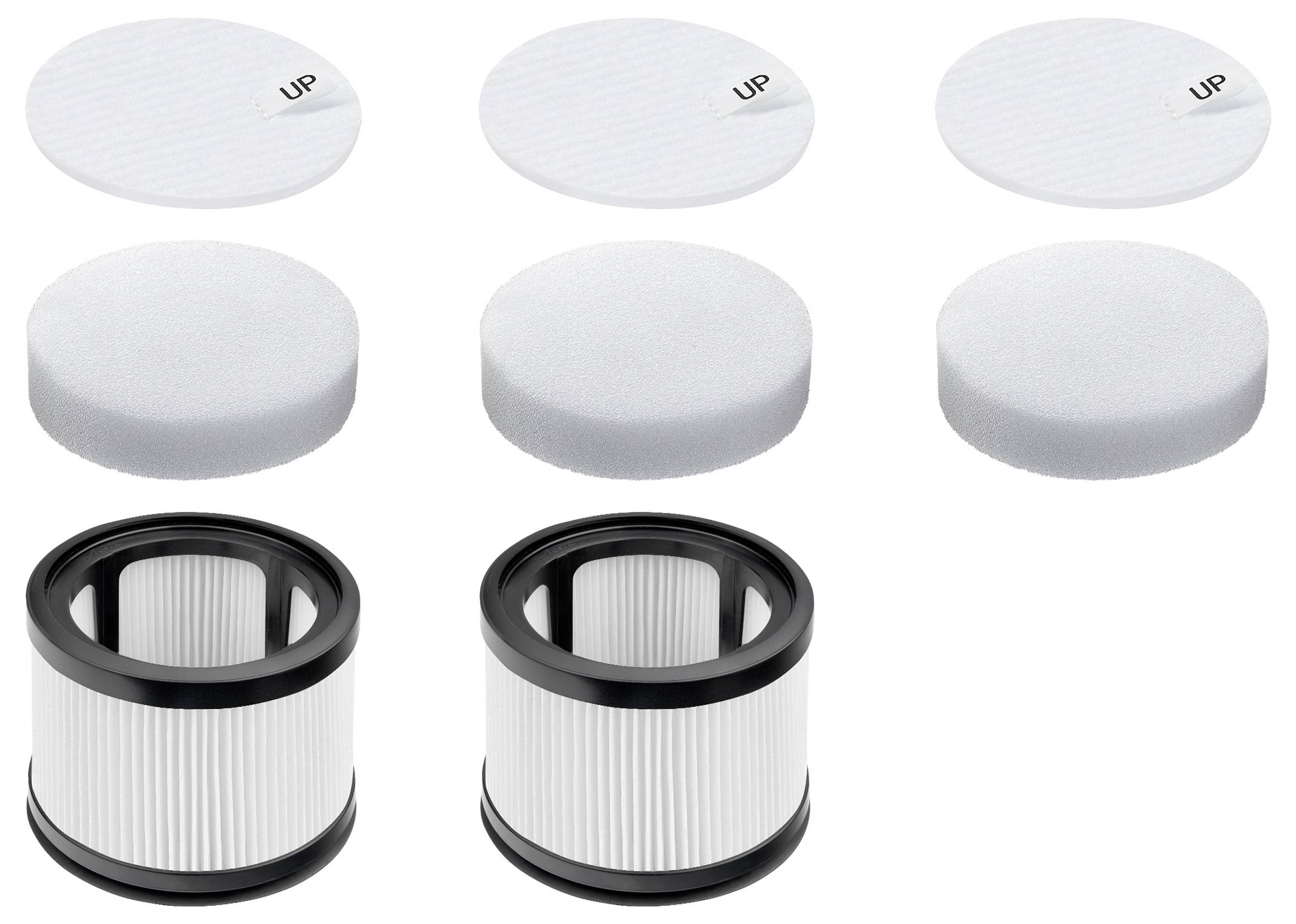 Set of white cylindrical filter cartridges and matching round foam discs, with three labeled 'UP' indicating orientation.