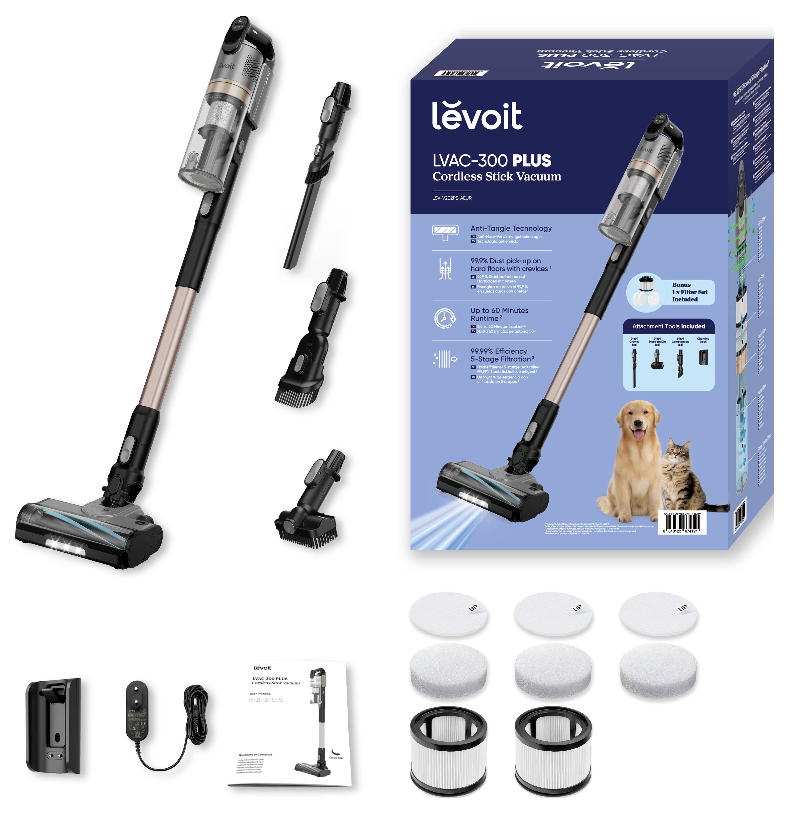 Levoit LVAC-300 Plus cordless stick vacuum set with vacuum, accessories, filters, charger, manual, and product box displayed.
